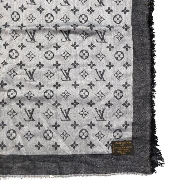 LOUIS VUITTON LV Vintage Light & Charcoal Gray Black Monogram Scarf Shawl Wrap - Picture 10 of 11
